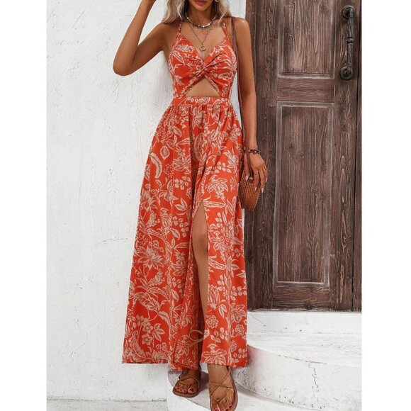 Twisted cutout backless floral print boho gypsy maxi dress orange cream - Picture 1 of 2